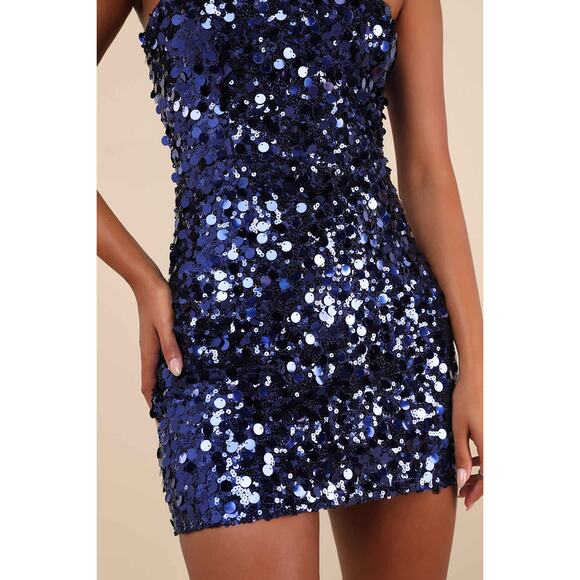 Lulu’s Glittery Persona Dark Blue Sequins Strapless Mini Dress SZ Med HOCO party - Picture 4 of 12